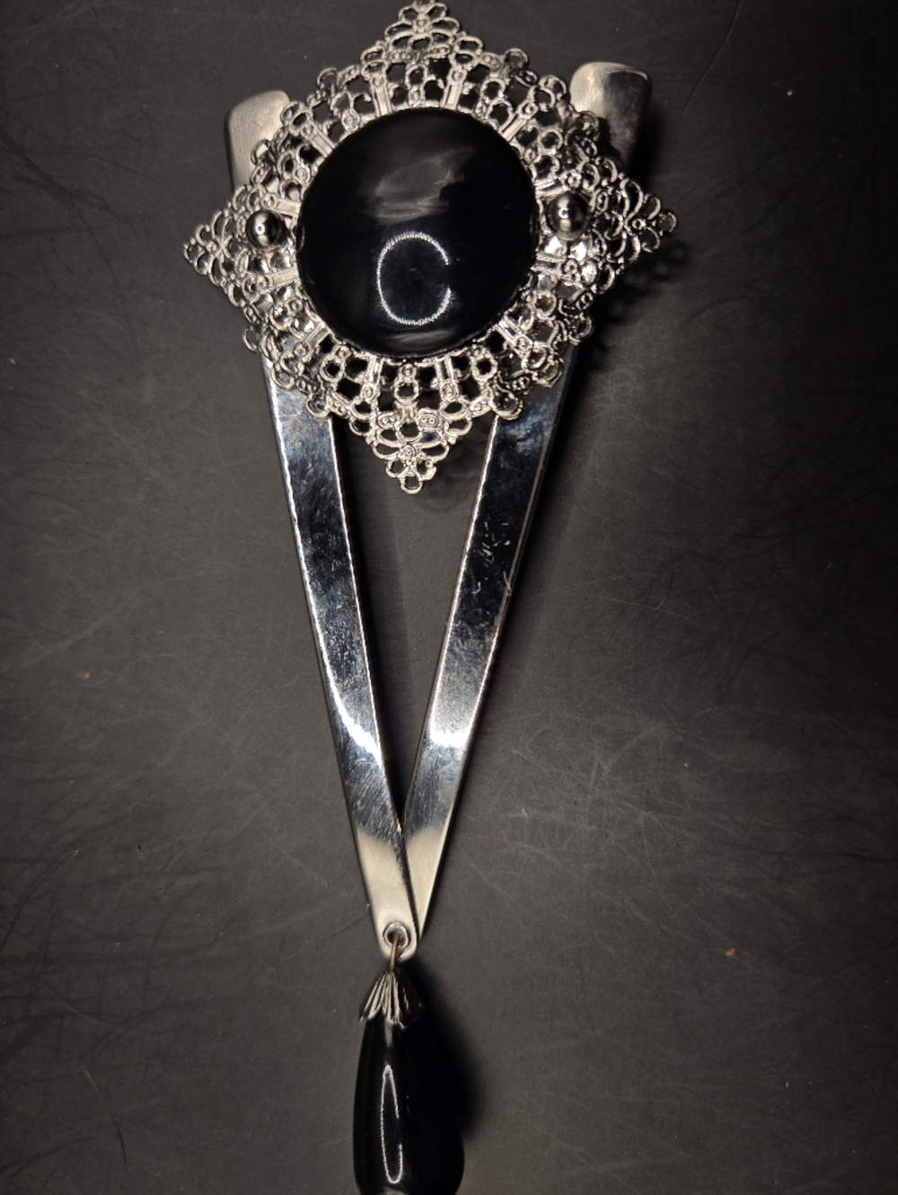 Vintage Gothic Filigree Black Cabochon Drop Brooch Statement Pin
